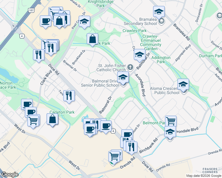 map of restaurants, bars, coffee shops, grocery stores, and more near 82 Balmoral Drive in Brampton