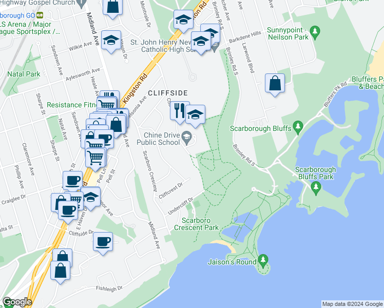 map of restaurants, bars, coffee shops, grocery stores, and more near 45 Chine Drive in Toronto
