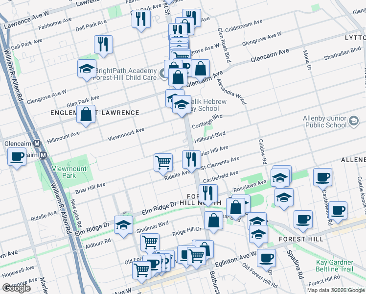 map of restaurants, bars, coffee shops, grocery stores, and more near 279 Hillhurst Boulevard in Toronto