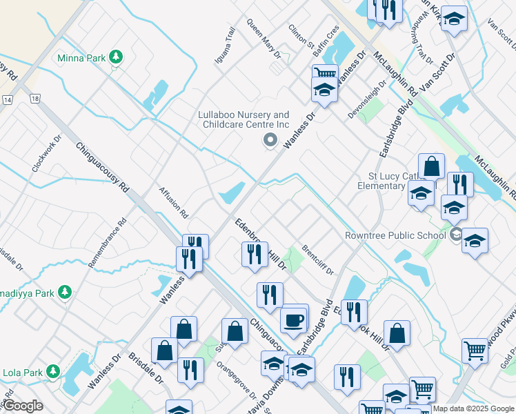 map of restaurants, bars, coffee shops, grocery stores, and more near 15 Mistycreek Crescent in Brampton