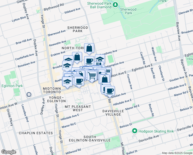 map of restaurants, bars, coffee shops, grocery stores, and more near 234 Eglinton Avenue East in Toronto