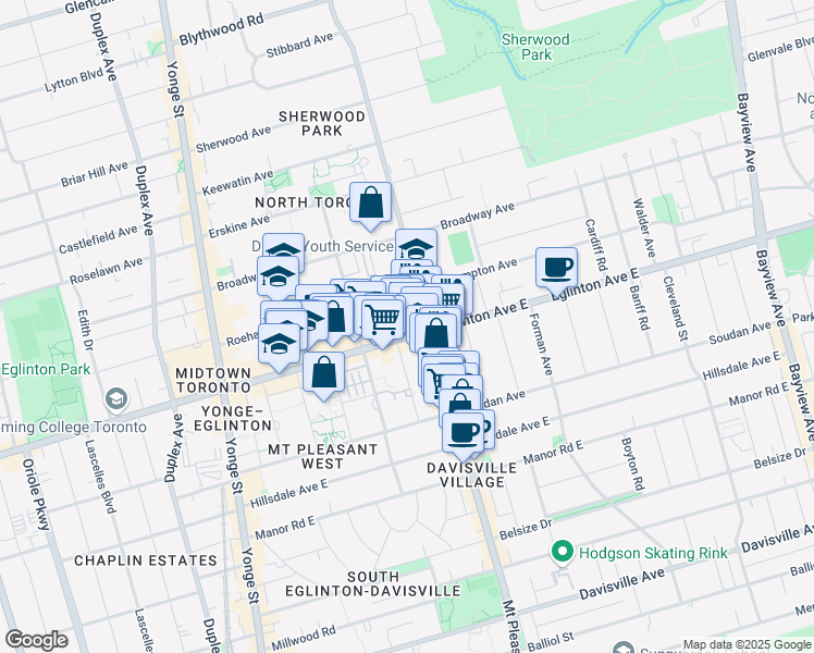 map of restaurants, bars, coffee shops, grocery stores, and more near in Toronto