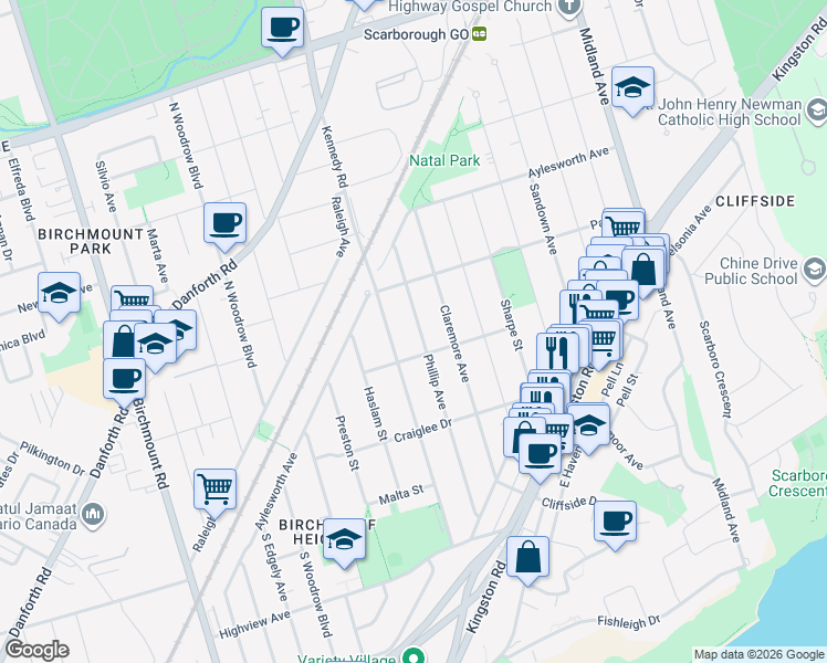map of restaurants, bars, coffee shops, grocery stores, and more near 106 Phillip Avenue in Toronto