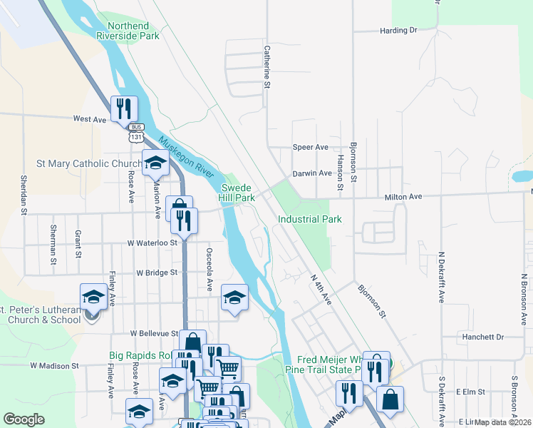 map of restaurants, bars, coffee shops, grocery stores, and more near 817 North 4th Avenue in Big Rapids