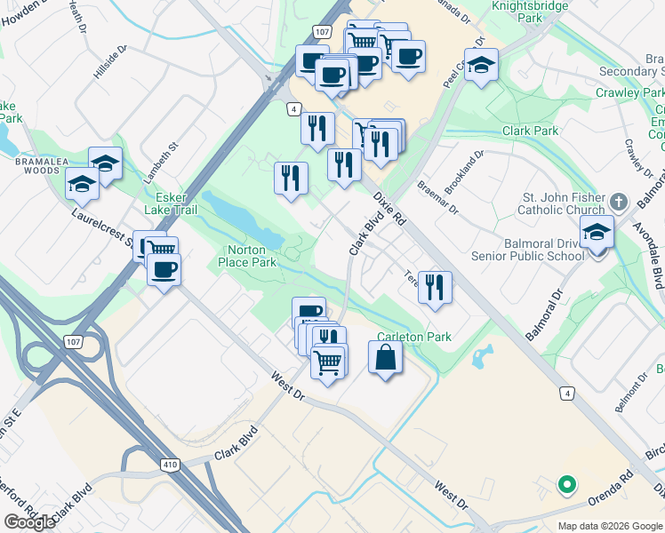 map of restaurants, bars, coffee shops, grocery stores, and more near 190 Clark Boulevard in Brampton