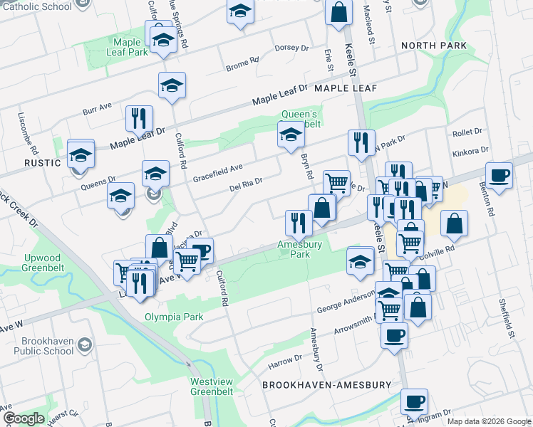 map of restaurants, bars, coffee shops, grocery stores, and more near in Toronto