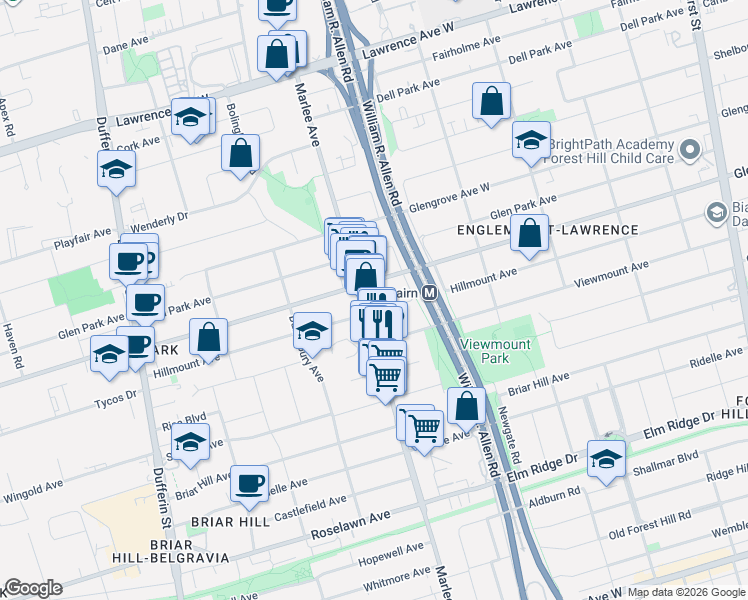 map of restaurants, bars, coffee shops, grocery stores, and more near 515 Marlee Avenue in Toronto
