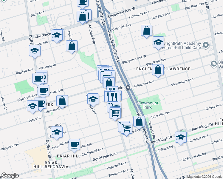 map of restaurants, bars, coffee shops, grocery stores, and more near 515 Marlee Avenue in Toronto