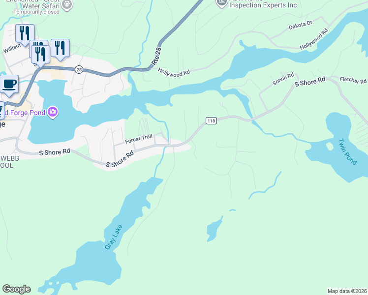 map of restaurants, bars, coffee shops, grocery stores, and more near 316 South Shores Acres Road in Old Forge