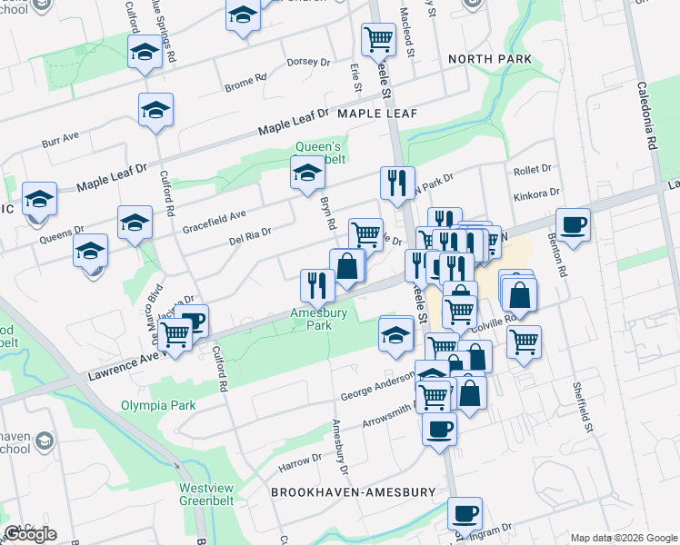 map of restaurants, bars, coffee shops, grocery stores, and more near 19 Battersea Crescent in Toronto