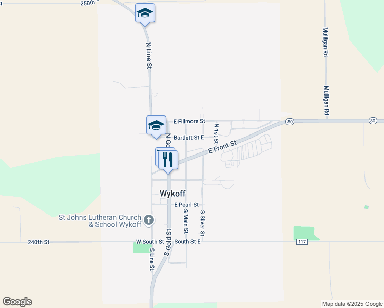 map of restaurants, bars, coffee shops, grocery stores, and more near 208 East Front Street in Wykoff