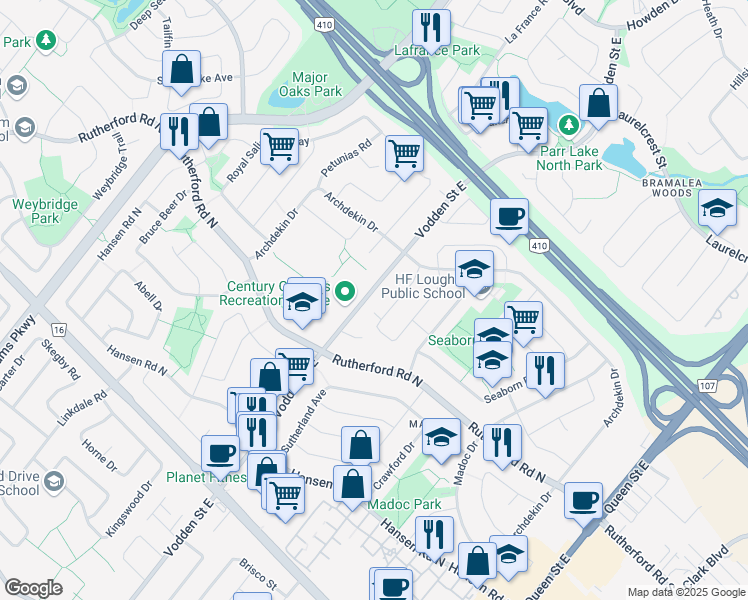 map of restaurants, bars, coffee shops, grocery stores, and more near 335 Vodden Street East in Brampton