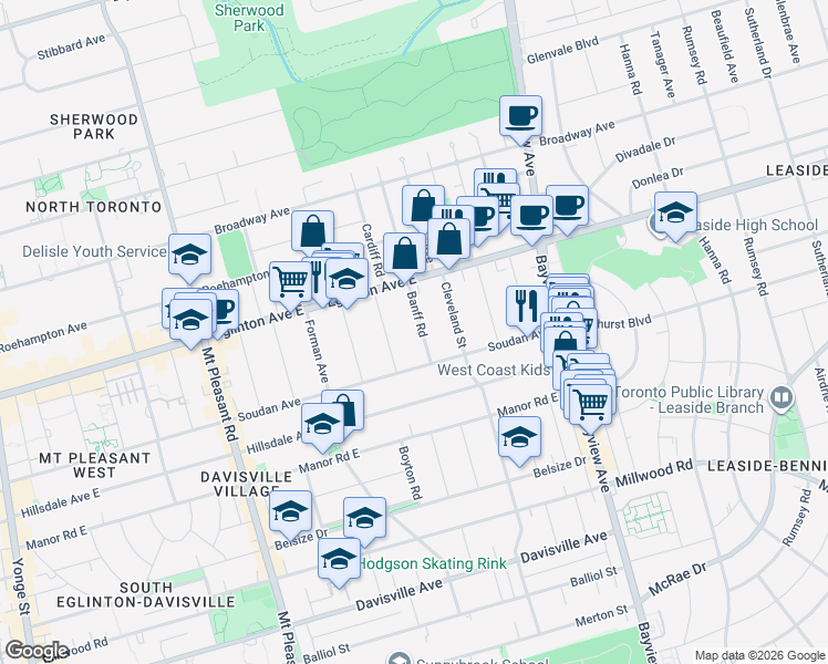 map of restaurants, bars, coffee shops, grocery stores, and more near in Toronto