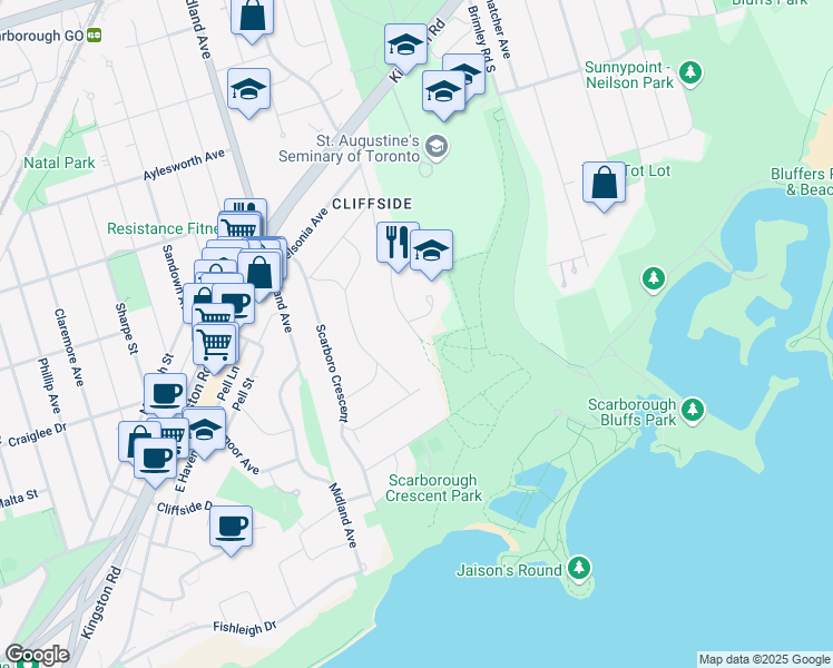 map of restaurants, bars, coffee shops, grocery stores, and more near 45 Chine Drive in Toronto