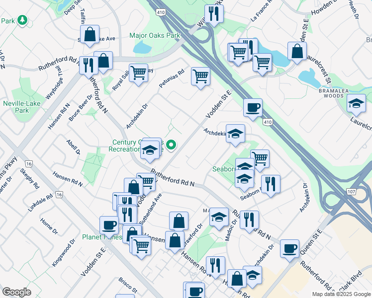 map of restaurants, bars, coffee shops, grocery stores, and more near 335 Vodden Street East in Brampton