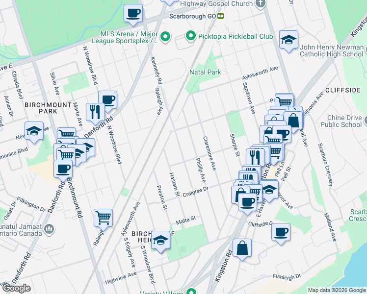 map of restaurants, bars, coffee shops, grocery stores, and more near 287 Kennedy Road in Toronto