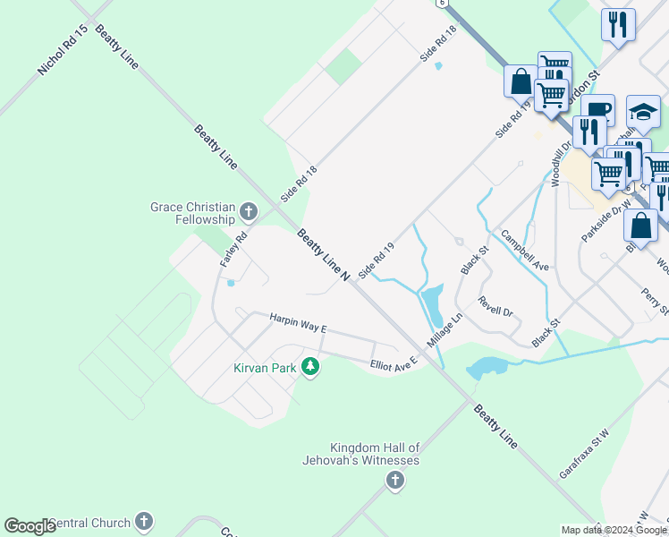 map of restaurants, bars, coffee shops, grocery stores, and more near 6534 Beatty Line North in Fergus