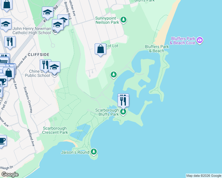 map of restaurants, bars, coffee shops, grocery stores, and more near 7 Brimley Road South in Toronto