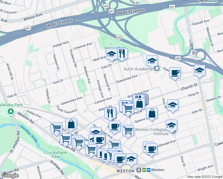 map of restaurants, bars, coffee shops, grocery stores, and more near 11 Ranwood Drive in Toronto