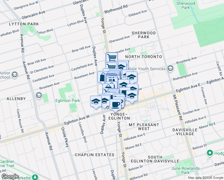 map of restaurants, bars, coffee shops, grocery stores, and more near 2360 Yonge Street in Toronto