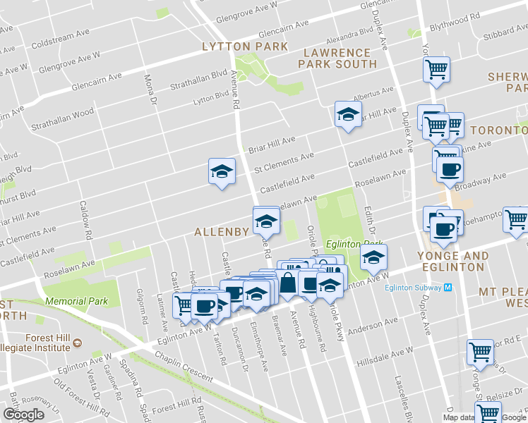 map of restaurants, bars, coffee shops, grocery stores, and more near 346 Roselawn Avenue in Toronto