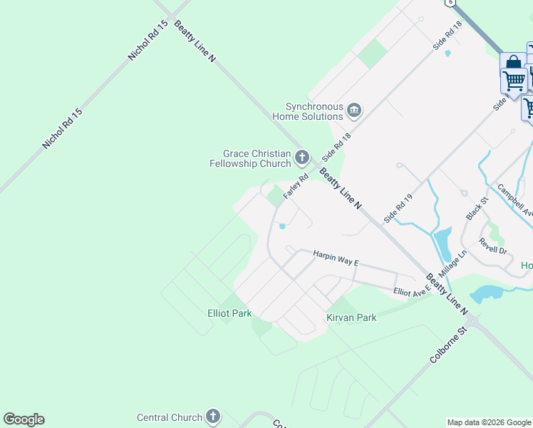map of restaurants, bars, coffee shops, grocery stores, and more near 197 Farley Road in Fergus