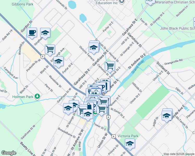 map of restaurants, bars, coffee shops, grocery stores, and more near 244 Saint George Street East in Fergus