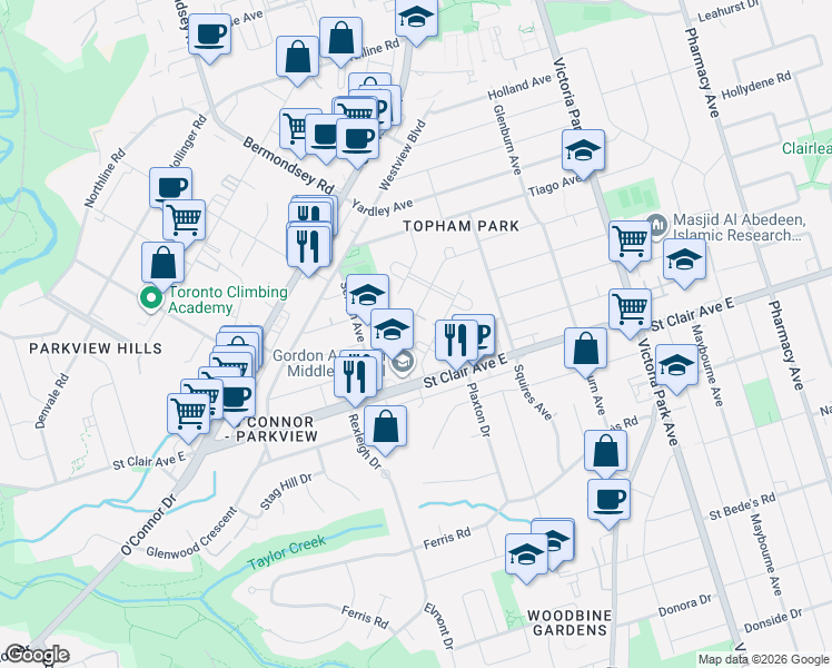 map of restaurants, bars, coffee shops, grocery stores, and more near 24 Merritt Road in Toronto