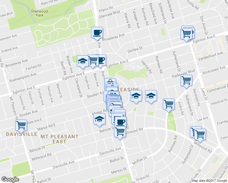map of restaurants, bars, coffee shops, grocery stores, and more near 7 Parkhurst Boulevard in Toronto