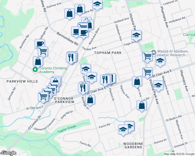 map of restaurants, bars, coffee shops, grocery stores, and more near in Toronto