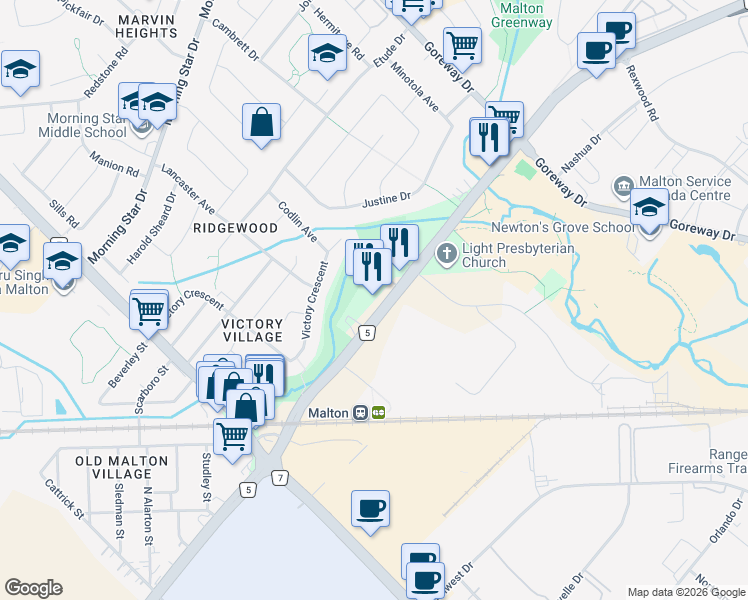 map of restaurants, bars, coffee shops, grocery stores, and more near 3215 Derry Road East in Mississauga