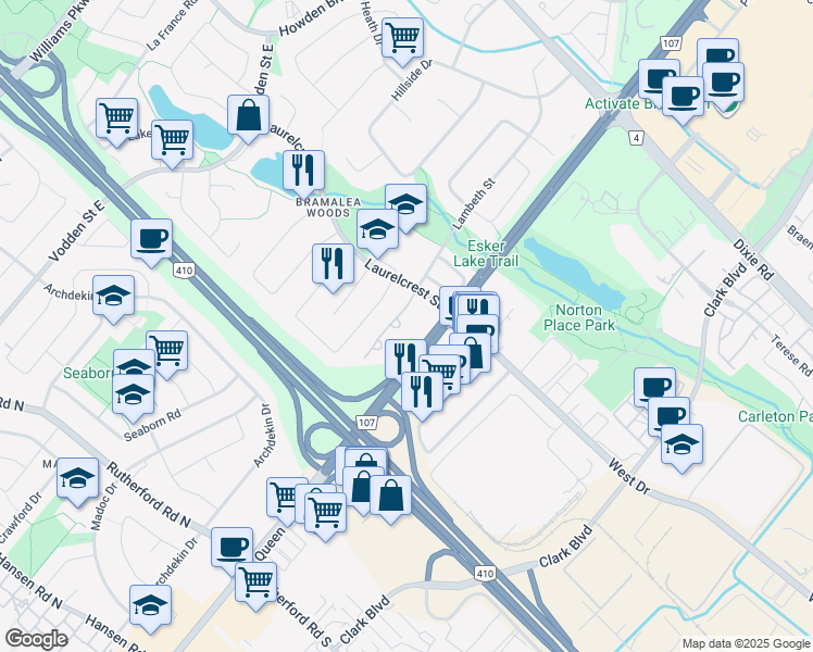 map of restaurants, bars, coffee shops, grocery stores, and more near 10 Laurelcrest Street in Brampton