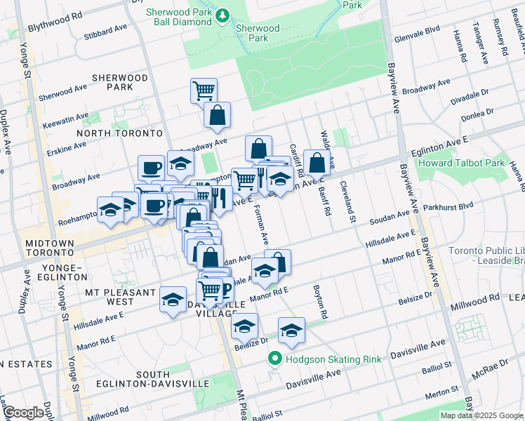 map of restaurants, bars, coffee shops, grocery stores, and more near in Toronto
