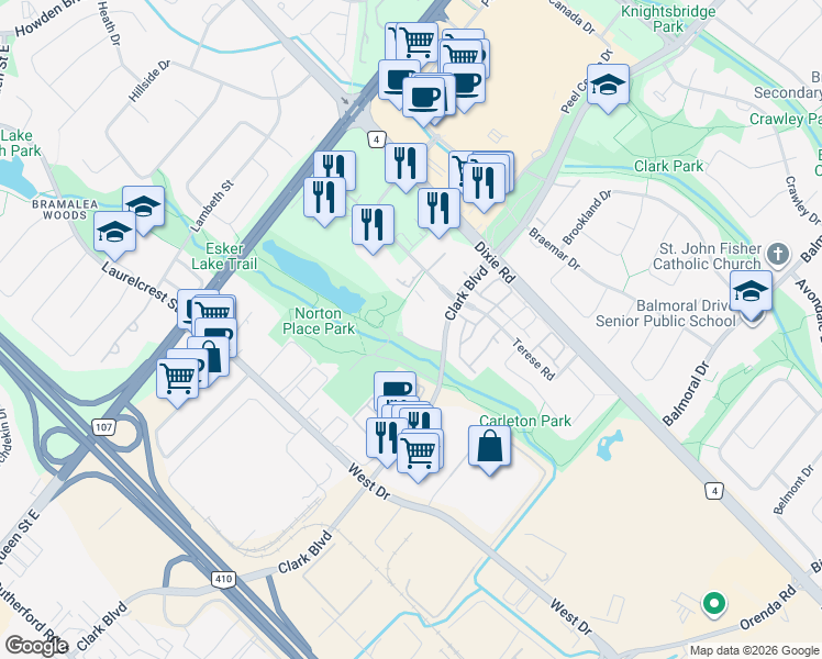 map of restaurants, bars, coffee shops, grocery stores, and more near 188 Clark Boulevard in Brampton