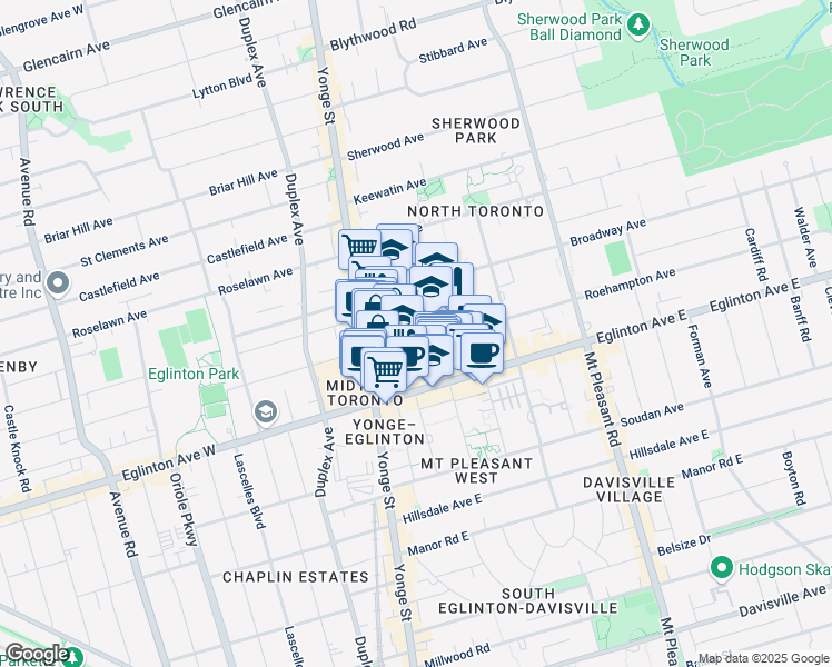map of restaurants, bars, coffee shops, grocery stores, and more near 42 Roehampton Avenue in Toronto