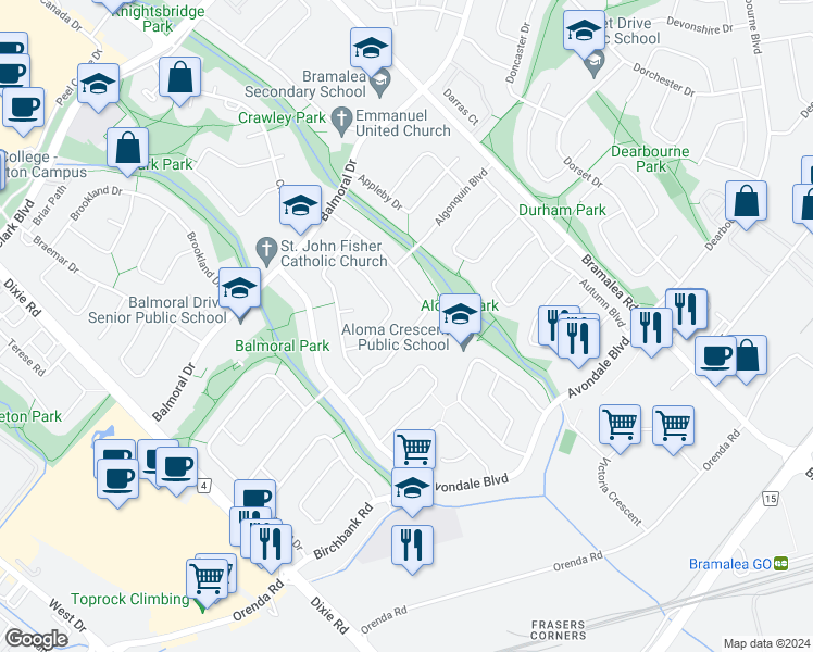 map of restaurants, bars, coffee shops, grocery stores, and more near 84 Addington Crescent in Brampton