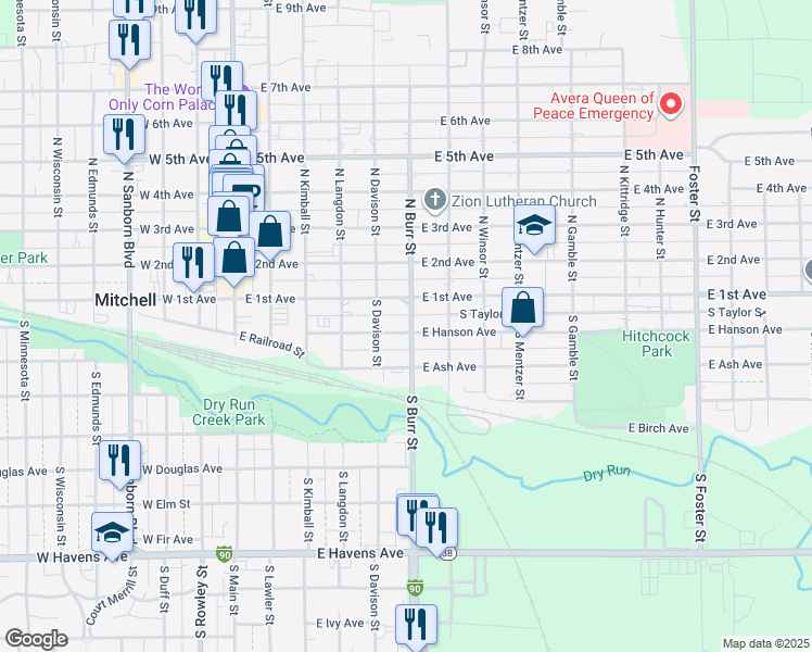 map of restaurants, bars, coffee shops, grocery stores, and more near 520 East Hanson Street in Mitchell