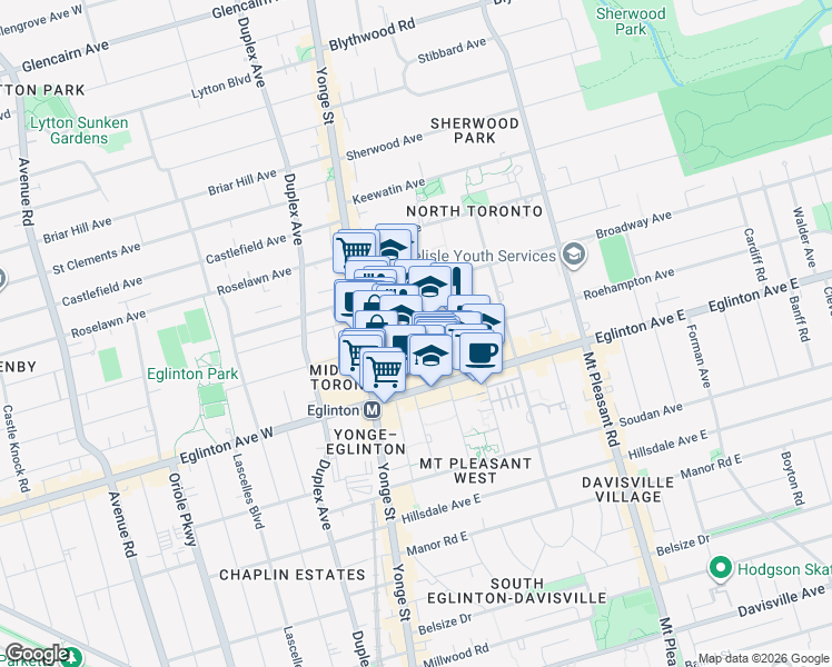 map of restaurants, bars, coffee shops, grocery stores, and more near in Toronto