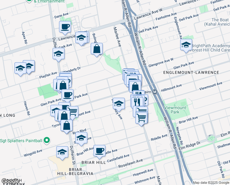 map of restaurants, bars, coffee shops, grocery stores, and more near 873 Glencairn Avenue in Toronto