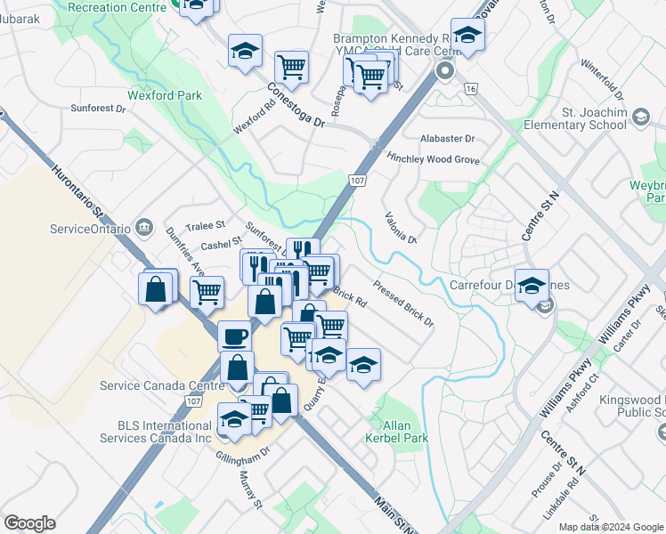 map of restaurants, bars, coffee shops, grocery stores, and more near 8 Pressed Brick Drive in Brampton