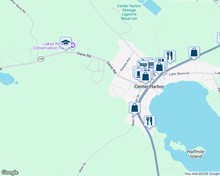 map of restaurants, bars, coffee shops, grocery stores, and more near 52 Chase Circle in Center Harbor