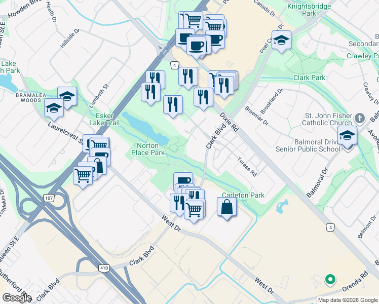 map of restaurants, bars, coffee shops, grocery stores, and more near 188 Clark Boulevard in Brampton