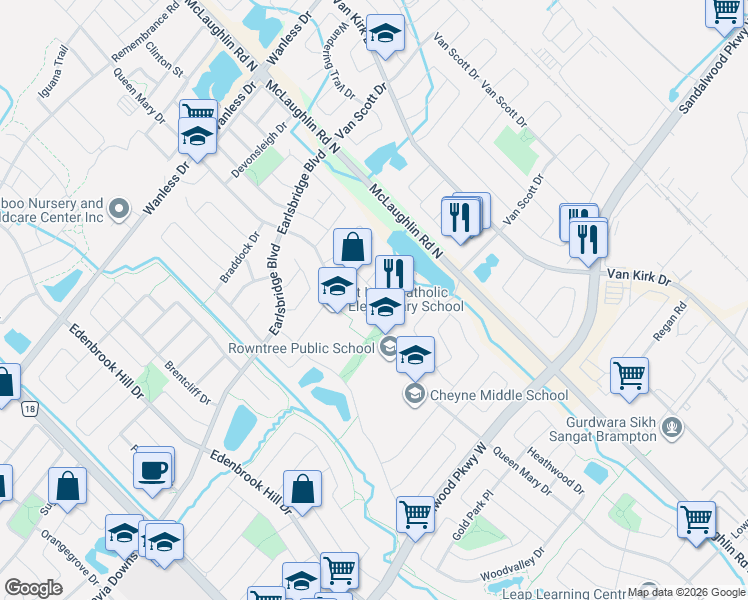 map of restaurants, bars, coffee shops, grocery stores, and more near in Brampton