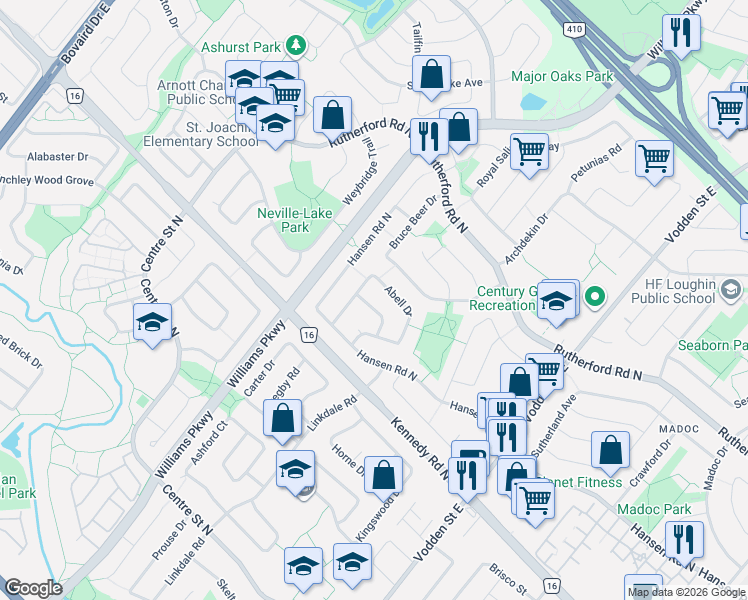 map of restaurants, bars, coffee shops, grocery stores, and more near 26 Kirkland Road in Brampton