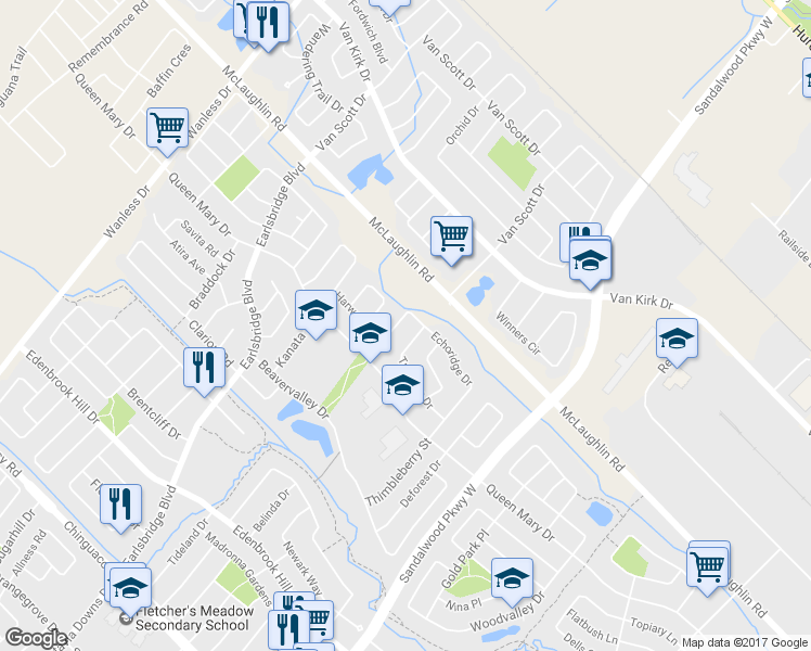 map of restaurants, bars, coffee shops, grocery stores, and more near 66 Echoridge Drive in Brampton