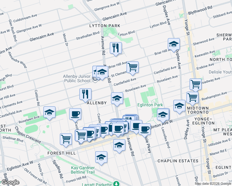 map of restaurants, bars, coffee shops, grocery stores, and more near 346 Roselawn Avenue in Toronto