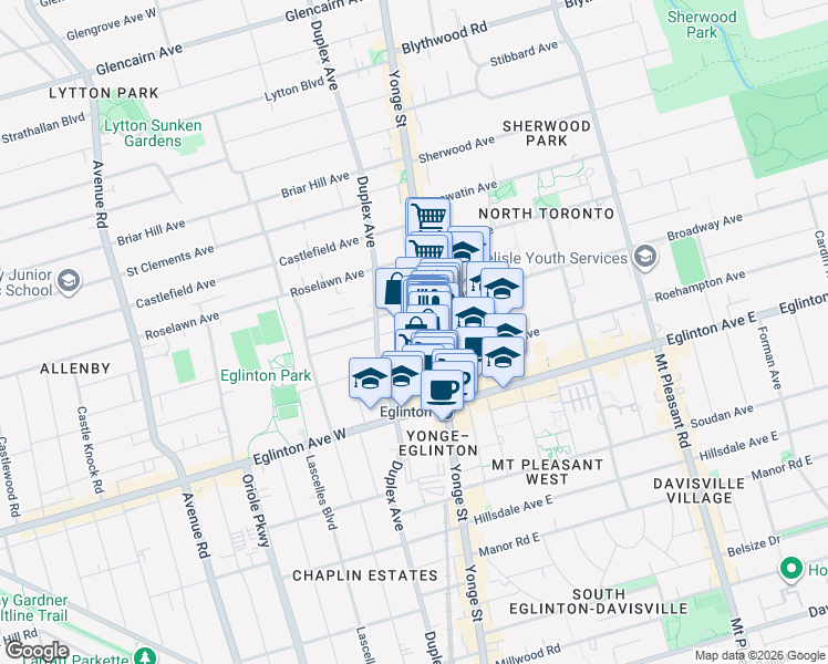 map of restaurants, bars, coffee shops, grocery stores, and more near 33 Helendale Avenue in Toronto