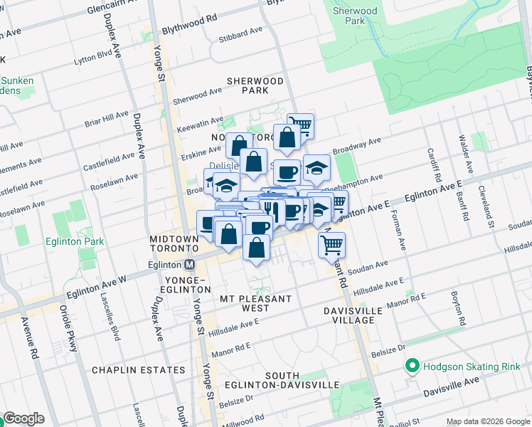 map of restaurants, bars, coffee shops, grocery stores, and more near 161 Roehampton Avenue in Toronto