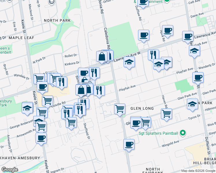 map of restaurants, bars, coffee shops, grocery stores, and more near 69 Joyce Parkway in Toronto