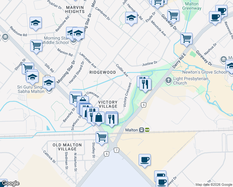 map of restaurants, bars, coffee shops, grocery stores, and more near 3134 Merritt Avenue in Mississauga